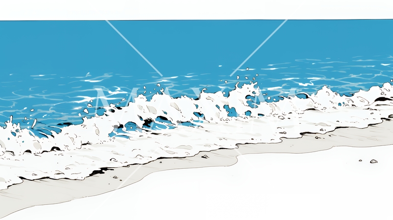 夏のビーチの波打ち際（シンプルな色使い）