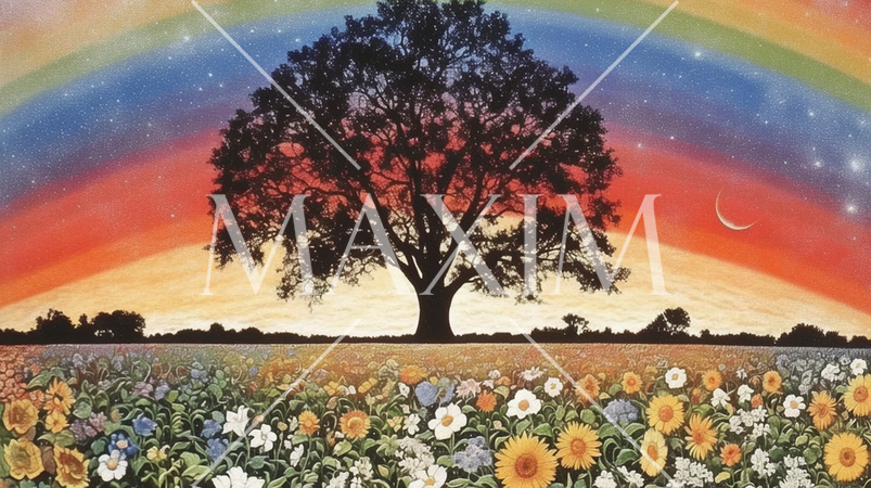 花が咲き乱れ空が虹色に輝いている桃源郷