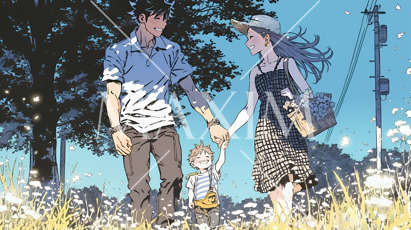 仲の良い家族：父親、母親、その子どもが仲良く連れ立って歩いている