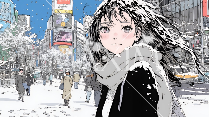雪の積もる冬の都会を散策している若い女性