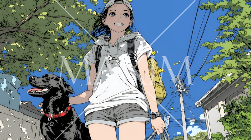 愛犬と散歩している若い女性