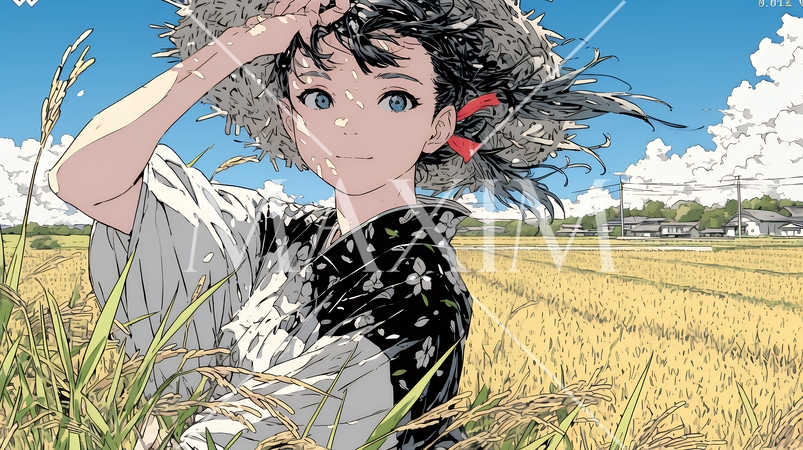 田んぼで農作業をしている女性