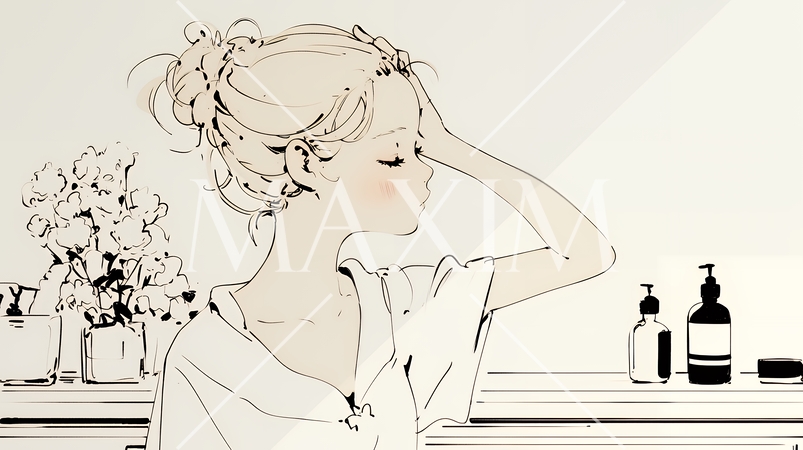 朝支度：洗面所で髪をまとめている若い女性（シンプルな色使い）