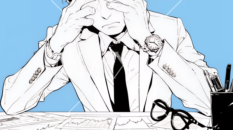 金融市場の急激な変動で頭を抱えている男性（シンプルな色使い）
