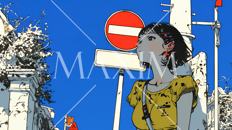 Noという意思表示：進入禁止マークと無表情な女性で表現