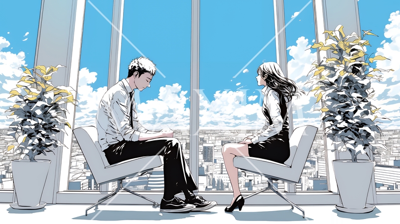 二人でミーティング（面談・インタビュー・会議）の場面