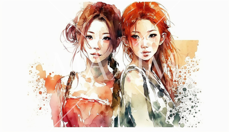 仲の良い女友達：水彩画