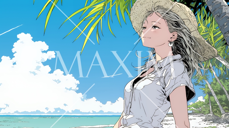 夏の南国の海辺を一人で旅行中の若い女性