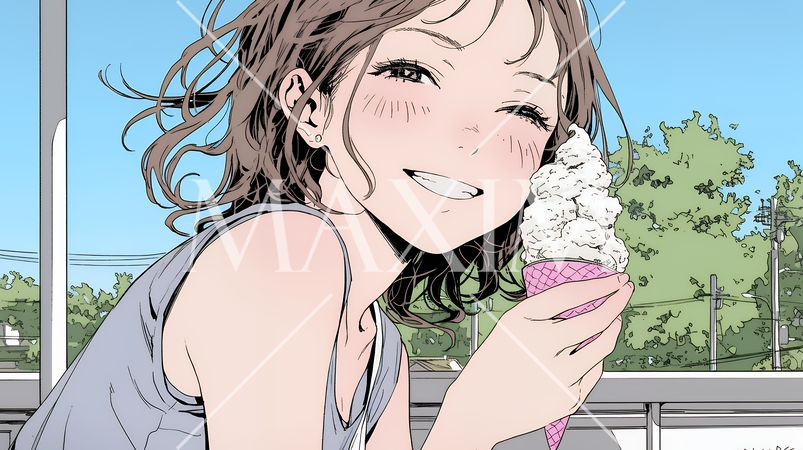 夏空の下でソフトクリーム（コーンに乗ったアイスクリーム）をたべる若い女性