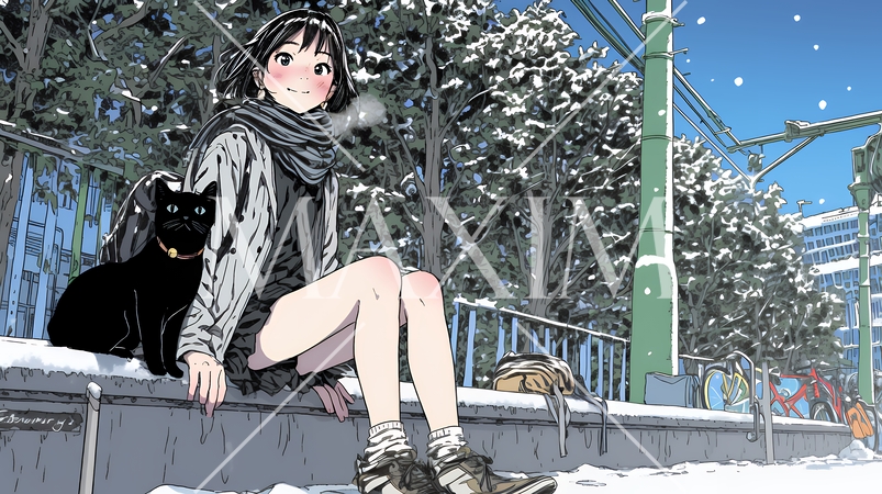 雪の積もる田舎道を歩いている若い女性