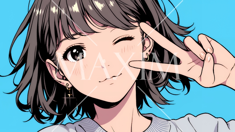 アイドルのように顔の横でピース＋ウィンクしている若い女性