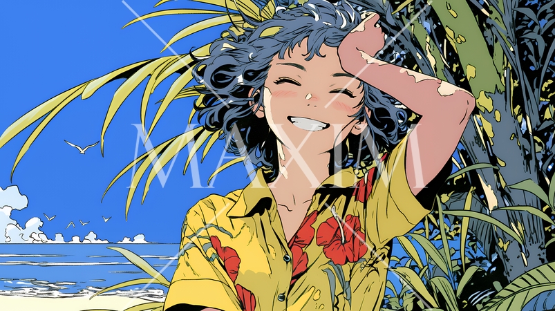 沖縄のかりゆしファッションを着て笑顔いっぱいの若い女性