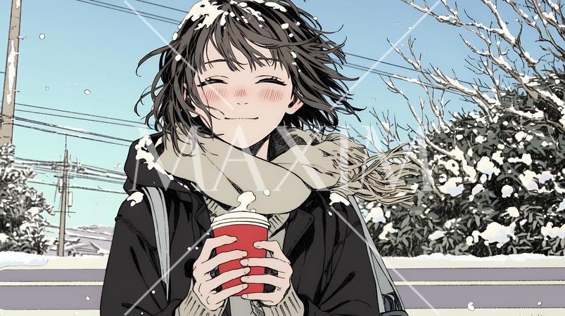 寒い冬、温かい飲み物を手にして、ふっと幸せそうに微笑む若い女性