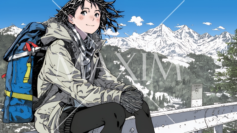 雪の積もる田舎道を歩いている若い女性