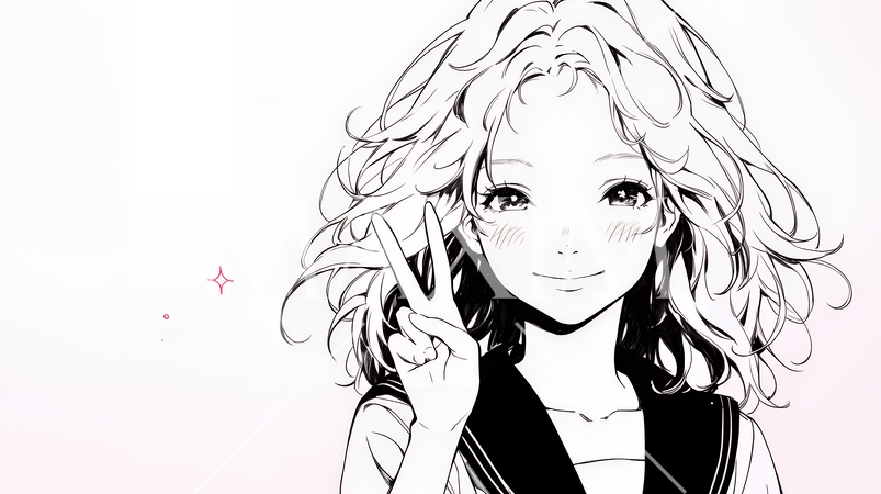 笑顔でピースサインを見せる若い女性（シンプルな色使い）