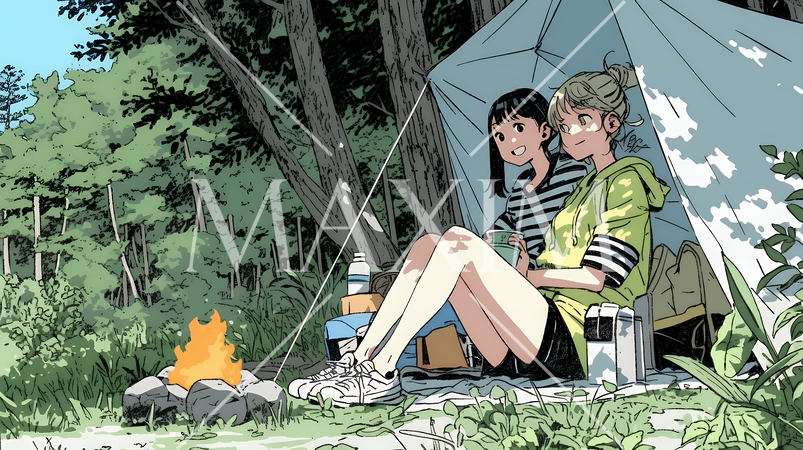 女友達と一緒にテントキャンプを楽しむ若い女性