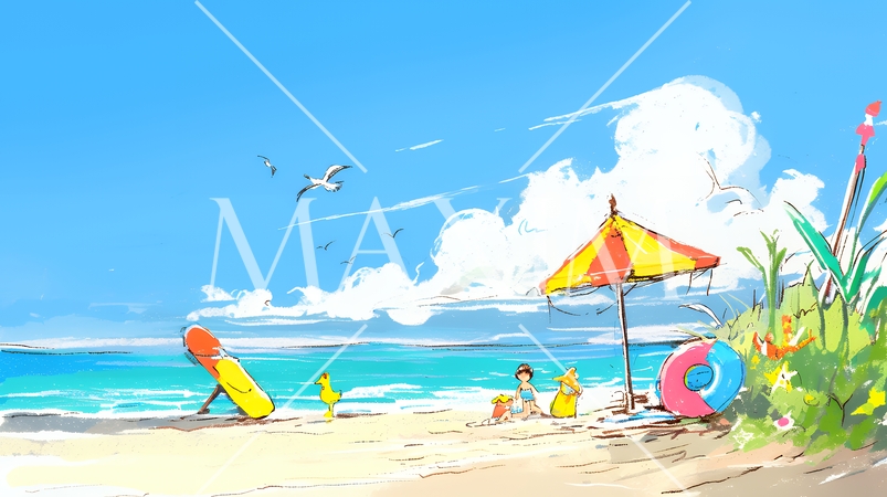 夏の青い空、青い海、白い雲と砂浜のコントラスト（クレヨン＋水彩画風）