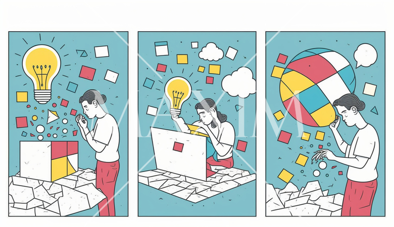 仕事の問題解決：問題解決のシーン、アイデアを出すプロセス。