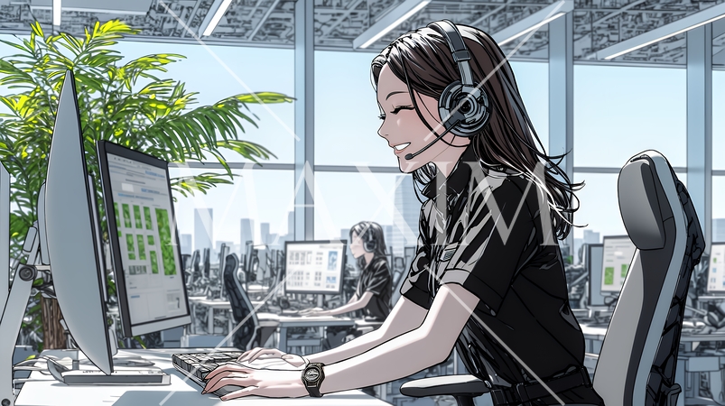 近代的なコールセンターのオフィスで働く女性オペレーター