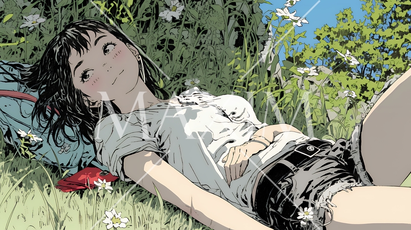 心地よさそうに地面に身を横たえる若い女性