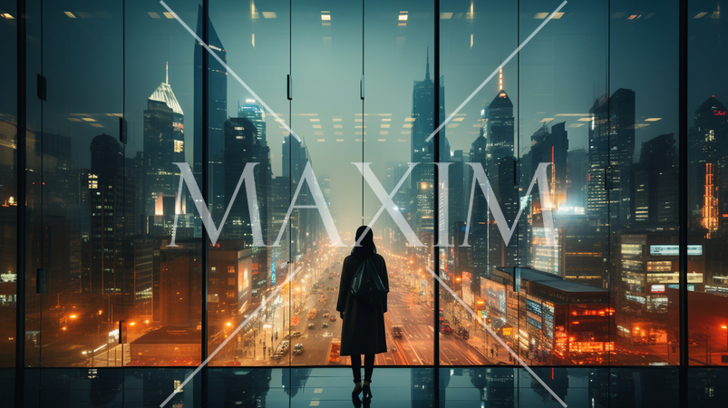 高層ビルにあるオフィスから見たビル群の夜景