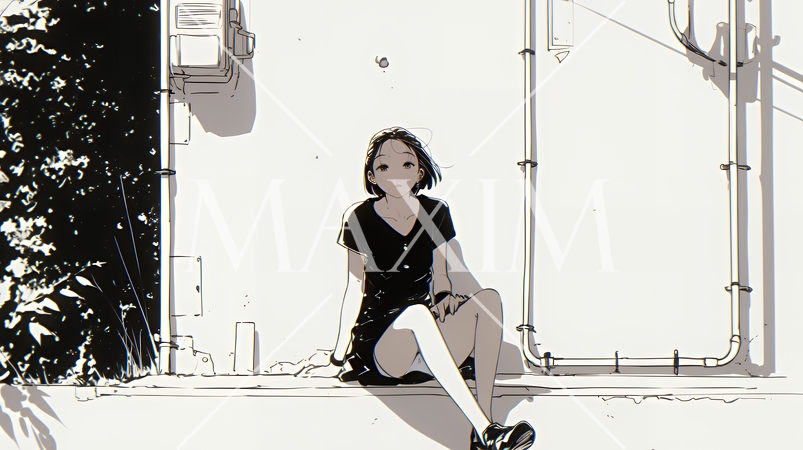 若い女性が佇む都市の街角（シンプルな色使い）