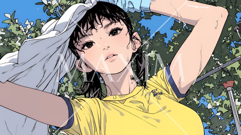 汗を拭っている若い女性