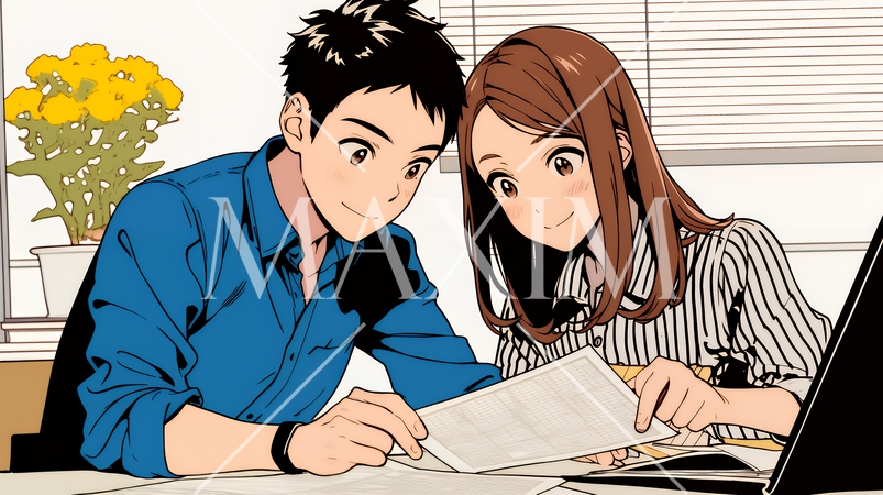 仲良く二人で旅行の計画を立てている若いカップル