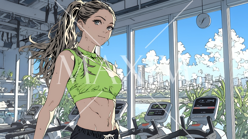 休日にジムで軽く運動する若い女性