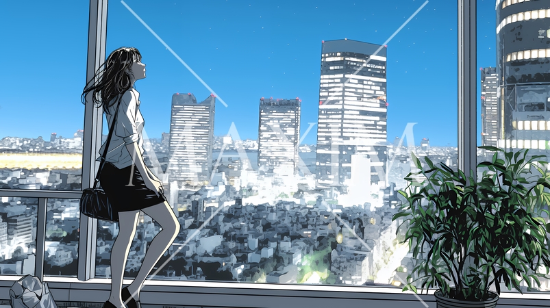 高層ビル群を見下ろすキャリア女性