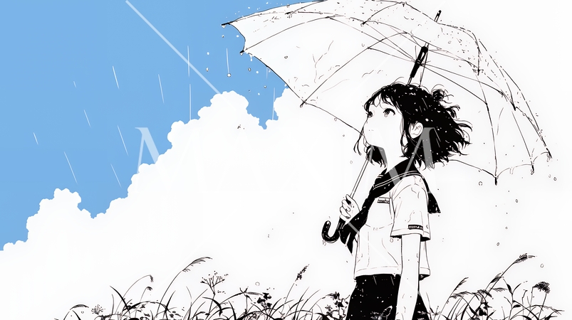 夏の通り雨の中を歩く女性（シンプルな色使い）