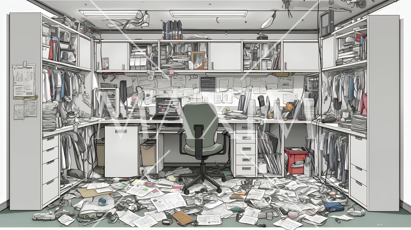足の踏み場もないような散らかった仕事場