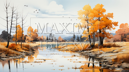 木々の紅葉が水面に映る美しい水辺の風景：水彩画（イラストID:6521006-18691）