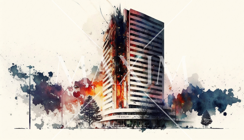 ビルの火災：水彩画