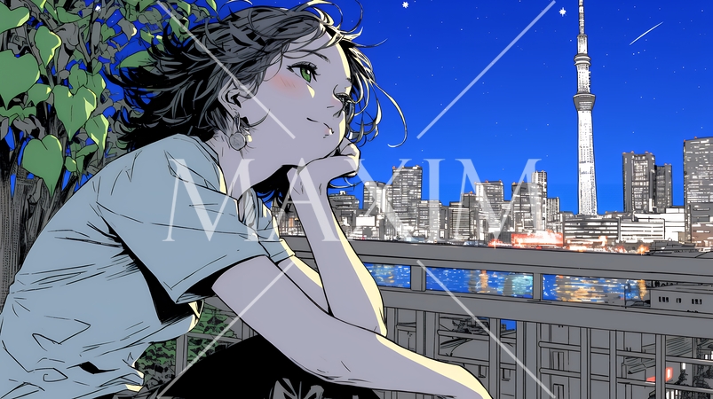 ベランダで夜風に当たりながら都会のランドスケープを眺め休む若い女性