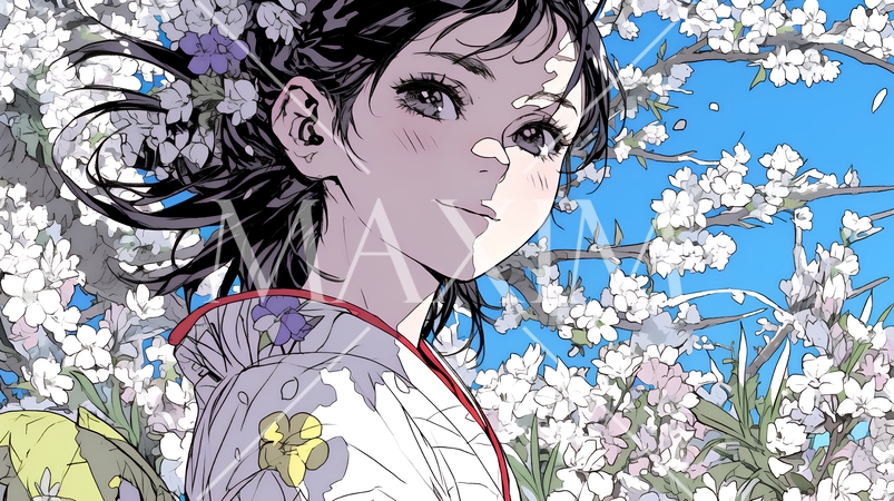 満開の桜の木の下を歩く若い女性