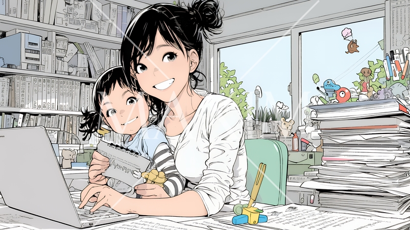 自宅でのリモートワークの場面：子どもが気になって集中できない