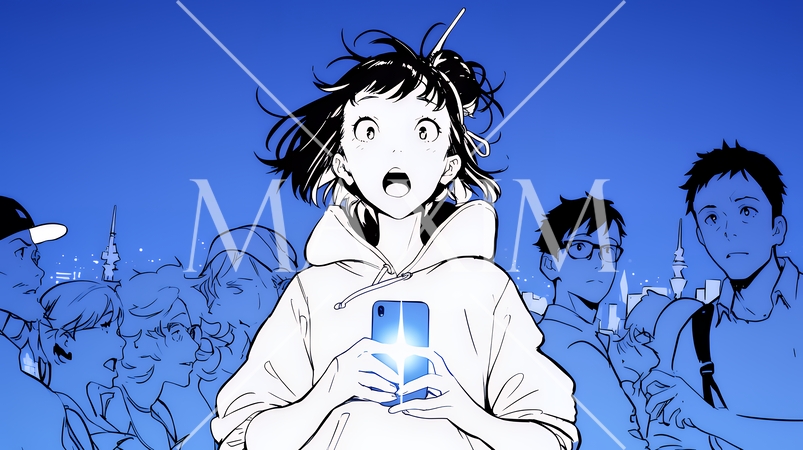 スマホの画面を見て驚いている若い女性（シンプルな色使い）