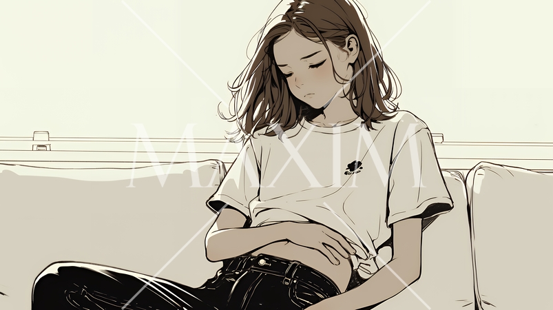 腹痛（生理痛）に苦しむ若い女性（シンプルな色使い）