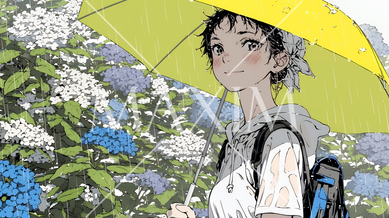 アジサイと梅雨の長雨と若い女性