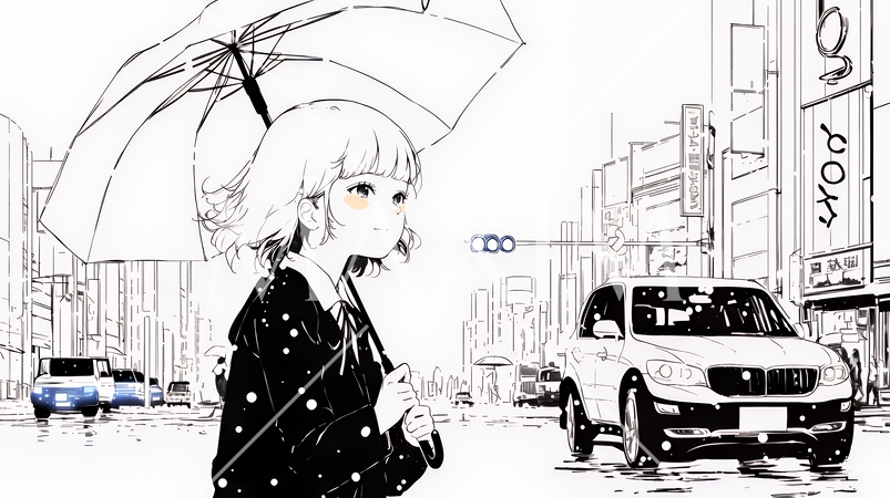 雨の日に傘をさして歩く若い女性（シンプルな色使い）