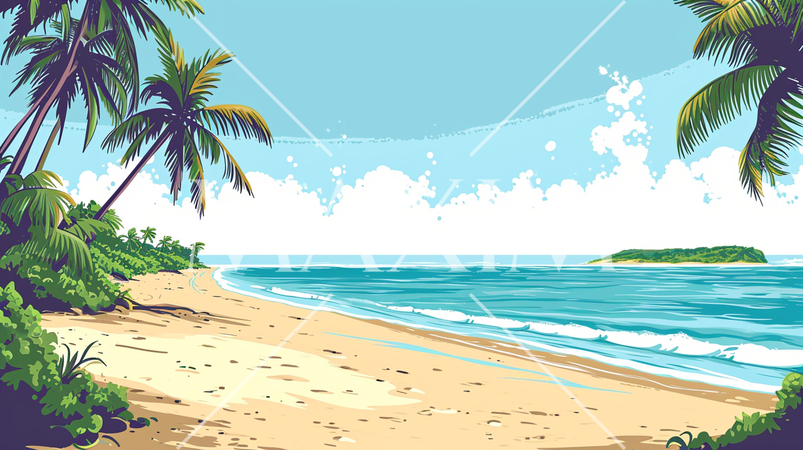 南国の島の浜辺と青い空のイラスト