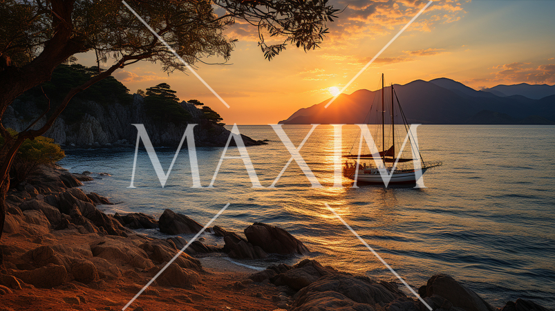 瀬戸内海の夕日とヨット：精緻CG