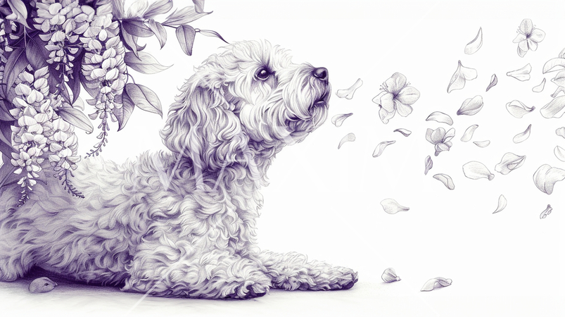 トイプードルと散りゆく藤の花：鉛筆＋水彩