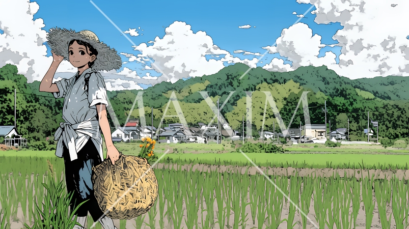 田んぼで農作業をしている女性