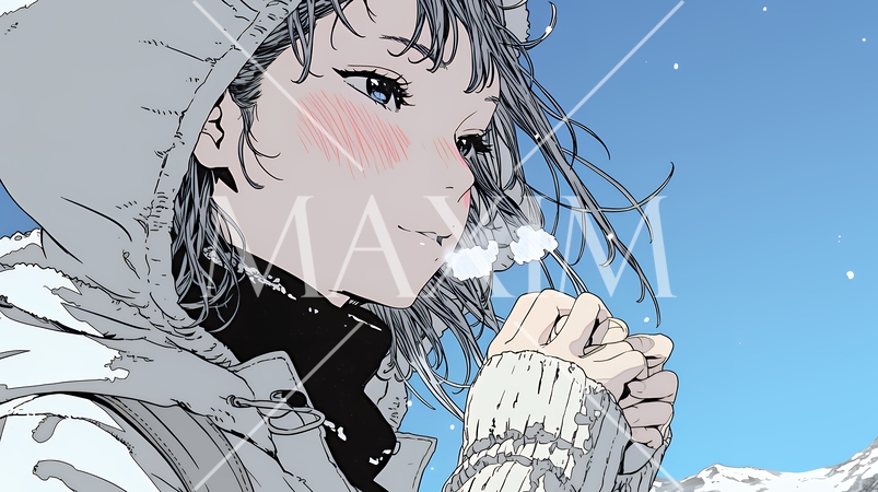 かじかんだ手に息を吹きかけて温めている若い女性