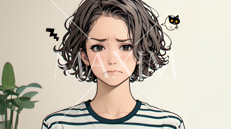 疑問や心配事、不快感、不満などを感じを感じて眉を潜めている若い女性