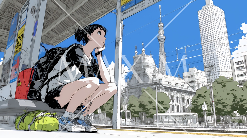 一人旅の旅先、街角で足を止めて道を確かめる若い女性