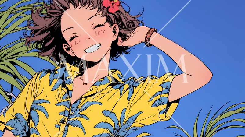 沖縄のかりゆしファッションを着て笑顔いっぱいの若い女性