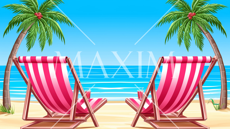 赤いビーチチェアとやしの南国の海と青空